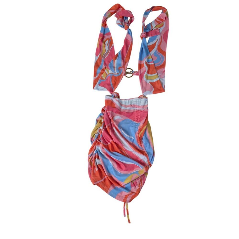 Bad Society Club Psychedelic Swirl Retro Bodycon Mini Dress Size M Ruched Halter - Picture 2 of 5